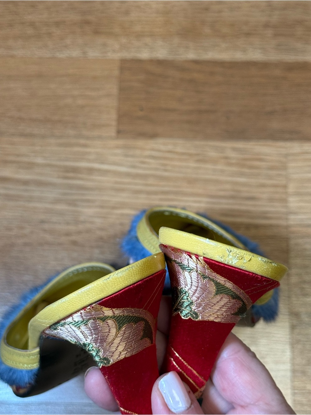 Casadei Italy Brocade Mule Heels Fur Trim Pointed Toe Size 8.5 - Picture 6 of 10